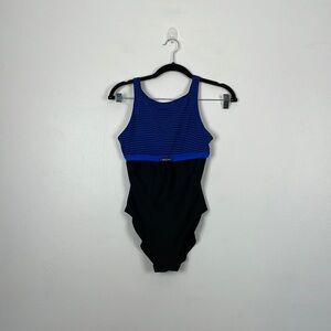 Baltex swimsuit women's size 10 black blue one piece striped bathing suit